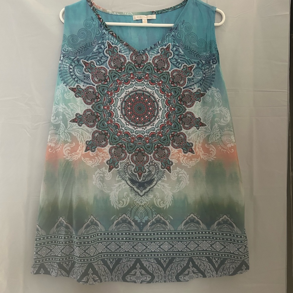 G Collection Blue Sleeveless Tank Top with Mandala Design